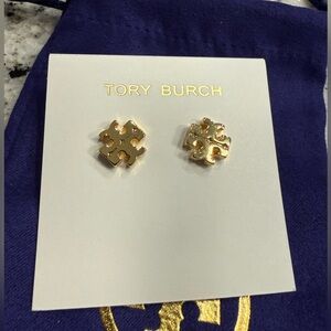 Tory Burch Kira Gold Logo Stud Earrings Stacked